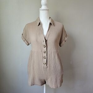 New In Brand Textured Button-Front Beige Romper